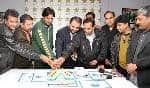 PCB Director Marketing and Communications Dr Ahsan Hameed Malik, PCB Chief Coach Academies Aaqib Javed and members of the media celebrate Pakistan's victory over South Africa in second Test match