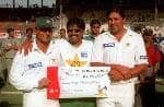 Happy Javed Miandad with new captain Moin Khan and Man of the Match